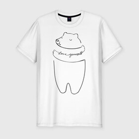 Мужская футболка премиум с принтом Я люблю себя в Курске, 92% хлопок, 8% лайкра | приталенный силуэт, круглый вырез ворота, длина до линии бедра, короткий рукав | Тематика изображения на принте: love youself | белый медведь | люблю себя