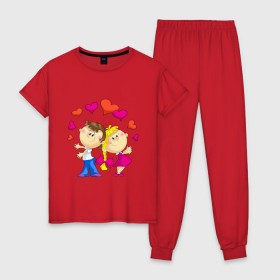 Женская пижама хлопок с принтом Валентинка - жонглёры в Курске, 100% хлопок | брюки и футболка прямого кроя, без карманов, на брюках мягкая резинка на поясе и по низу штанин | 