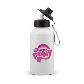 Бутылка спортивная с принтом My little pony logo в Курске, металл | емкость — 500 мл, в комплекте две пластиковые крышки и карабин для крепления | Тематика изображения на принте: my little pony | my little pony logo | pony | детские | мой маленький пони | пони