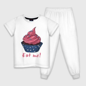 Детская пижама хлопок с принтом Eat me! в Курске, 100% хлопок |  брюки и футболка прямого кроя, без карманов, на брюках мягкая резинка на поясе и по низу штанин
 | 8 марта | девушкам | корзинка | международный женский день | пирожное | сладости