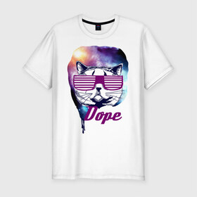 Мужская футболка премиум с принтом Space cat dope в Курске, 92% хлопок, 8% лайкра | приталенный силуэт, круглый вырез ворота, длина до линии бедра, короткий рукав | Тематика изображения на принте: dope | swag | кошка | кошки | очки жалюзи | сваг | свэг