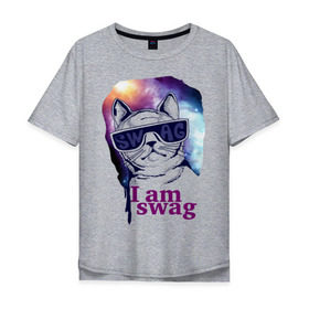 Мужская футболка хлопок Oversize с принтом Space cat swag в Курске, 100% хлопок | свободный крой, круглый ворот, “спинка” длиннее передней части | Тематика изображения на принте: i am swag | swag | кошка | кошки | очки | сваг | свэг