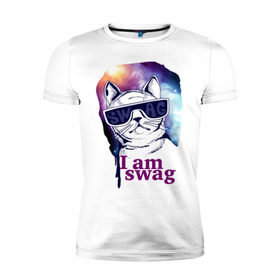 Мужская футболка премиум с принтом Space cat swag в Курске, 92% хлопок, 8% лайкра | приталенный силуэт, круглый вырез ворота, длина до линии бедра, короткий рукав | Тематика изображения на принте: i am swag | swag | кошка | кошки | очки | сваг | свэг