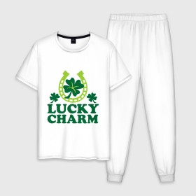 Мужская пижама хлопок с принтом Lucky charm - подкова в Курске, 100% хлопок | брюки и футболка прямого кроя, без карманов, на брюках мягкая резинка на поясе и по низу штанин
 | patricks day | saint patricks day | день патрика | день святого патрика | клевер | подкова | удача | четырехлистный клевер