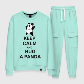 Женский костюм хлопок с принтом keep calm and hug a panda в Курске, 100% хлопок | на свитшоте круглая горловина, мягкая резинка по низу. Брюки заужены к низу, на них два вида карманов: два 