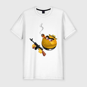 Мужская футболка премиум с принтом Smile Gangster в Курске, 92% хлопок, 8% лайкра | приталенный силуэт, круглый вырез ворота, длина до линии бедра, короткий рукав | smile gangster | автомат | колобок | оружие | смайл гангстер