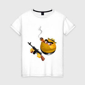 Женская футболка хлопок с принтом Smile Gangster в Курске, 100% хлопок | прямой крой, круглый вырез горловины, длина до линии бедер, слегка спущенное плечо | smile gangster | автомат | колобок | оружие | смайл гангстер