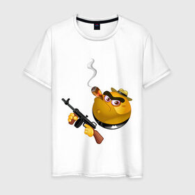 Мужская футболка хлопок с принтом Smile Gangster в Курске, 100% хлопок | прямой крой, круглый вырез горловины, длина до линии бедер, слегка спущенное плечо. | smile gangster | автомат | колобок | оружие | смайл гангстер