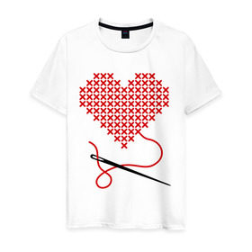 Мужская футболка хлопок с принтом Сердце вышивка с иголкой в Курске, 100% хлопок | прямой крой, круглый вырез горловины, длина до линии бедер, слегка спущенное плечо. | игла | любимая | любимый | любовь | нитка | отношения | сердечко | чувства