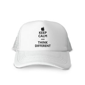 Кепка тракер с сеткой с принтом Keep calm and think different в Курске, трикотажное полотно; задняя часть — сетка | длинный козырек, универсальный размер, пластиковая застежка | aplle | keep calm | keep calm and think different | сохраняйте спокойствие