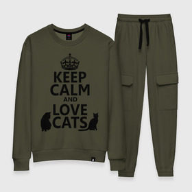 Женский костюм хлопок с принтом Keep calm and love cats. в Курске, 100% хлопок | на свитшоте круглая горловина, мягкая резинка по низу. Брюки заужены к низу, на них два вида карманов: два 