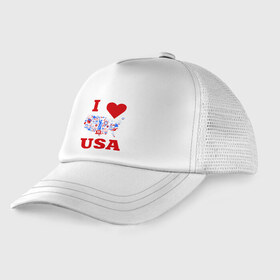 Детская кепка тракер с принтом Я люблю Америку в Курске, Козырек - 100% хлопок. Кепка - 100% полиэстер, Задняя часть - сетка | универсальный размер, пластиковая застёжка | i love usa | я люблю америку