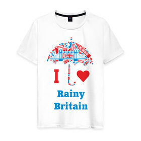 Мужская футболка хлопок с принтом я люблю Британию в Курске, 100% хлопок | прямой крой, круглый вырез горловины, длина до линии бедер, слегка спущенное плечо. | i love rainy britain | rainy britain | зонт | зонтик | я люблю британию