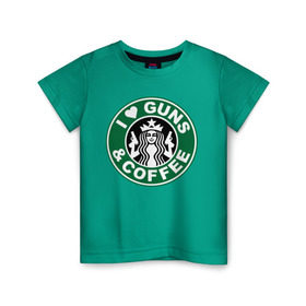 Детская футболка хлопок с принтом I Love Guns and Coffee пистолеты и кофе в Курске, 100% хлопок | круглый вырез горловины, полуприлегающий силуэт, длина до линии бедер | Тематика изображения на принте: я люблю кофе и пистолеты
