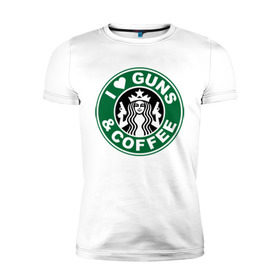 Мужская футболка премиум с принтом I Love Guns and Coffee пистолеты и кофе в Курске, 92% хлопок, 8% лайкра | приталенный силуэт, круглый вырез ворота, длина до линии бедра, короткий рукав | я люблю кофе и пистолеты