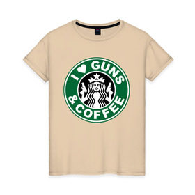 Женская футболка хлопок с принтом I Love Guns and Coffee пистолеты и кофе в Курске, 100% хлопок | прямой крой, круглый вырез горловины, длина до линии бедер, слегка спущенное плечо | я люблю кофе и пистолеты