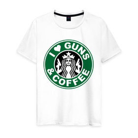 Мужская футболка хлопок с принтом I Love Guns and Coffee пистолеты и кофе в Курске, 100% хлопок | прямой крой, круглый вырез горловины, длина до линии бедер, слегка спущенное плечо. | я люблю кофе и пистолеты