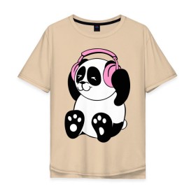 Мужская футболка хлопок Oversize с принтом Panda in headphones (панда в наушниках) в Курске, 100% хлопок | свободный крой, круглый ворот, “спинка” длиннее передней части | Тематика изображения на принте: панда