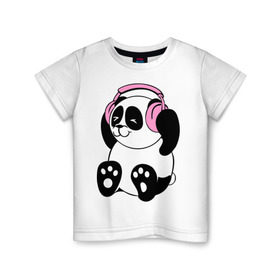 Детская футболка хлопок с принтом Panda in headphones (панда в наушниках) в Курске, 100% хлопок | круглый вырез горловины, полуприлегающий силуэт, длина до линии бедер | Тематика изображения на принте: панда