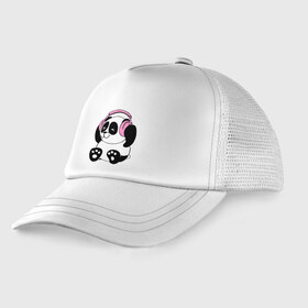 Детская кепка тракер с принтом Panda in headphones (панда в наушниках) в Курске, Козырек - 100% хлопок. Кепка - 100% полиэстер, Задняя часть - сетка | универсальный размер, пластиковая застёжка | Тематика изображения на принте: панда