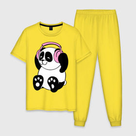 Мужская пижама хлопок с принтом Panda in headphones (панда в наушниках) в Курске, 100% хлопок | брюки и футболка прямого кроя, без карманов, на брюках мягкая резинка на поясе и по низу штанин
 | панда