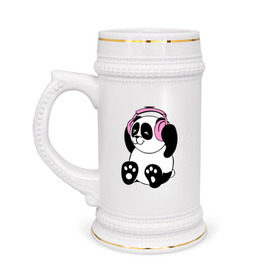 Кружка пивная с принтом Panda in headphones (панда в наушниках) в Курске,  керамика (Материал выдерживает высокую температуру, стоит избегать резкого перепада температур) |  объем 630 мл | Тематика изображения на принте: панда