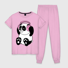 Женская пижама хлопок с принтом Panda in headphones (панда в наушниках) в Курске, 100% хлопок | брюки и футболка прямого кроя, без карманов, на брюках мягкая резинка на поясе и по низу штанин | Тематика изображения на принте: панда