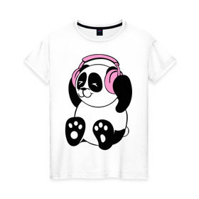 Женская футболка хлопок с принтом Panda in headphones (панда в наушниках) в Курске, 100% хлопок | прямой крой, круглый вырез горловины, длина до линии бедер, слегка спущенное плечо | Тематика изображения на принте: панда