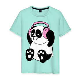 Мужская футболка хлопок с принтом Panda in headphones (панда в наушниках) в Курске, 100% хлопок | прямой крой, круглый вырез горловины, длина до линии бедер, слегка спущенное плечо. | Тематика изображения на принте: панда