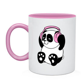 Кружка двухцветная с принтом Panda in headphones (панда в наушниках) в Курске, керамика | объем — 330 мл, диаметр — 80 мм. Цветная ручка и кайма сверху, в некоторых цветах — вся внутренняя часть | панда