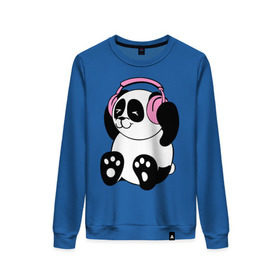 Женский свитшот хлопок с принтом Panda in headphones (панда в наушниках) в Курске, 100% хлопок | прямой крой, круглый вырез, на манжетах и по низу широкая трикотажная резинка  | Тематика изображения на принте: панда