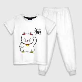 Детская пижама хлопок с принтом Манэки-нэко (Maneki-Neko) в Курске, 100% хлопок |  брюки и футболка прямого кроя, без карманов, на брюках мягкая резинка на поясе и по низу штанин
 | кошки | няш | символ счастья | японские кошки