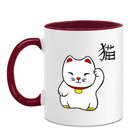 Кружка двухцветная с принтом Манэки-нэко (Maneki-Neko) в Курске, керамика | объем — 330 мл, диаметр — 80 мм. Цветная ручка и кайма сверху, в некоторых цветах — вся внутренняя часть | Тематика изображения на принте: кошки | няш | символ счастья | японские кошки