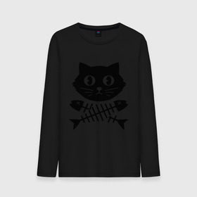 Мужской лонгслив хлопок с принтом Пиратский знак кот и кости в Курске, 100% хлопок |  | киса | косточки от рыбы | кот | котенок | кошка | рыбка | черный кот