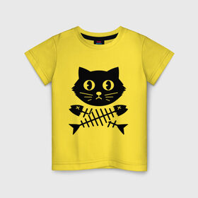 Детская футболка хлопок с принтом Пиратский знак кот и кости в Курске, 100% хлопок | круглый вырез горловины, полуприлегающий силуэт, длина до линии бедер | киса | косточки от рыбы | кот | котенок | кошка | рыбка | черный кот