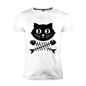 Мужская футболка премиум с принтом Пиратский знак кот и кости в Курске, 92% хлопок, 8% лайкра | приталенный силуэт, круглый вырез ворота, длина до линии бедра, короткий рукав | Тематика изображения на принте: киса | косточки от рыбы | кот | котенок | кошка | рыбка | черный кот