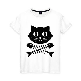 Женская футболка хлопок с принтом Пиратский знак кот и кости в Курске, 100% хлопок | прямой крой, круглый вырез горловины, длина до линии бедер, слегка спущенное плечо | киса | косточки от рыбы | кот | котенок | кошка | рыбка | черный кот
