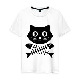 Мужская футболка хлопок с принтом Пиратский знак кот и кости в Курске, 100% хлопок | прямой крой, круглый вырез горловины, длина до линии бедер, слегка спущенное плечо. | Тематика изображения на принте: киса | косточки от рыбы | кот | котенок | кошка | рыбка | черный кот