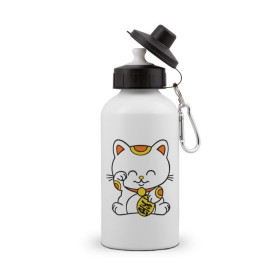 Бутылка спортивная с принтом Maneki-Neko Манэки – кошка удачи в Курске, металл | емкость — 500 мл, в комплекте две пластиковые крышки и карабин для крепления | Тематика изображения на принте: киса | котенок | кошка удачи | японские кошки