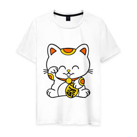 Мужская футболка хлопок с принтом Maneki-Neko Манэки – кошка удачи в Курске, 100% хлопок | прямой крой, круглый вырез горловины, длина до линии бедер, слегка спущенное плечо. | Тематика изображения на принте: киса | котенок | кошка удачи | японские кошки