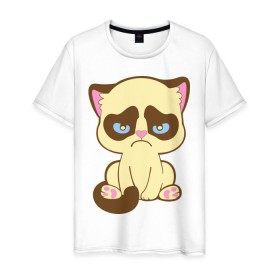 Мужская футболка хлопок с принтом Недовольный котёнок в Курске, 100% хлопок | прямой крой, круглый вырез горловины, длина до линии бедер, слегка спущенное плечо. | Тематика изображения на принте: киса | котенок | котик | кошка | хмурый кот