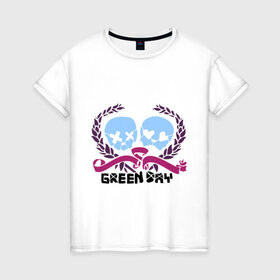 Женская футболка хлопок с принтом Green day skulls в Курске, 100% хлопок | прямой крой, круглый вырез горловины, длина до линии бедер, слегка спущенное плечо | green day | rock | грин дэй | лента | музыка | рок группа | черепа | черепушки