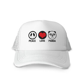 Кепка тракер с сеткой с принтом Peace, love, panda (мир любовь панда) в Курске, трикотажное полотно; задняя часть — сетка | длинный козырек, универсальный размер, пластиковая застежка | love | panda | peace | любовь | мир