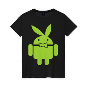 Женская футболка хлопок с принтом Android Playboy в Курске, 100% хлопок | прямой крой, круглый вырез горловины, длина до линии бедер, слегка спущенное плечо | Тематика изображения на принте: android | play | андроид | плейбой