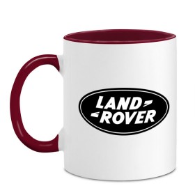 Кружка двухцветная с принтом Land Rover logo в Курске, керамика | объем — 330 мл, диаметр — 80 мм. Цветная ручка и кайма сверху, в некоторых цветах — вся внутренняя часть | Тематика изображения на принте: land rove | автомобиль land rove | автомобиль ланд ровер | ланд ровер
