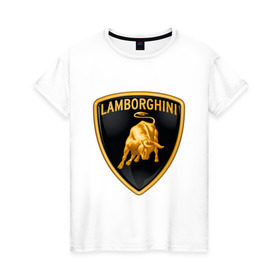 Женская футболка хлопок с принтом Lamborghini logo в Курске, 100% хлопок | прямой крой, круглый вырез горловины, длина до линии бедер, слегка спущенное плечо | lamborghini | автомобиль lamborghini | ламборджини | ламборджини автомобиль | логотип lamborghini | логотип ламборджини