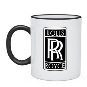 Кружка двухцветная с принтом Rolls-Royce в Курске, керамика | объем — 330 мл, диаметр — 80 мм. Цветная ручка и кайма сверху, в некоторых цветах — вся внутренняя часть | rolls royce | rr | автобренды | автолюбителям | бренд | логотип | ролл ройс | ролс ройс