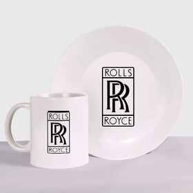 Набор: тарелка + кружка с принтом Rolls-Royce logo в Курске, керамика | Кружка: объем — 330 мл, диаметр — 80 мм. Принт наносится на бока кружки, можно сделать два разных изображения. 
Тарелка: диаметр - 210 мм, диаметр для нанесения принта - 120 мм. | rolls royce | rr | автобренды | автолюбителям | бренд | логотип | ролл ройс | ролс ройс