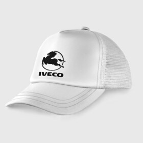 Детская кепка тракер с принтом Iveco в Курске, Козырек - 100% хлопок. Кепка - 100% полиэстер, Задняя часть - сетка | универсальный размер, пластиковая застёжка | iveco | автобренды | автолюбителям | бренд | ивеко | логотип