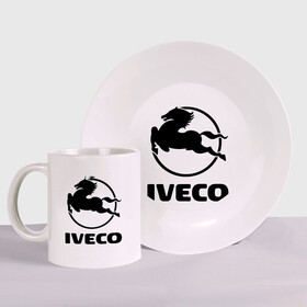 Набор: тарелка + кружка с принтом Iveco в Курске, керамика | Кружка: объем — 330 мл, диаметр — 80 мм. Принт наносится на бока кружки, можно сделать два разных изображения. 
Тарелка: диаметр - 210 мм, диаметр для нанесения принта - 120 мм. | iveco | автобренды | автолюбителям | бренд | ивеко | логотип